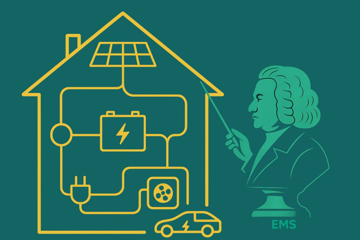 Schematische Darstellung eines Energiemanagement-Systems (EMS) mit vernetzten Komponenten: PV-Anlage, Batteriespeicher, Wallbox und Hausanschluss