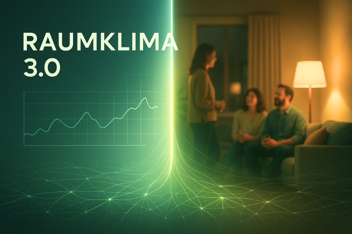 Visual zu „Raumklima 3.0": intelligente SmartLiving-Steuerung zwischen technischer Regelung und warmem Wohnraum, verbunden durch neuronales Netz