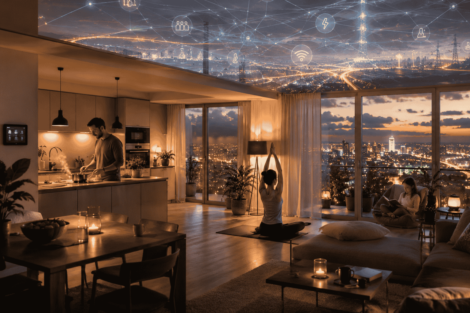 Modernes Apartment am Abend mit warmem Licht, Menschen beim Kochen, Yoga und Entspannen – verbunden durch ein digitales Netzwerk am Himmel